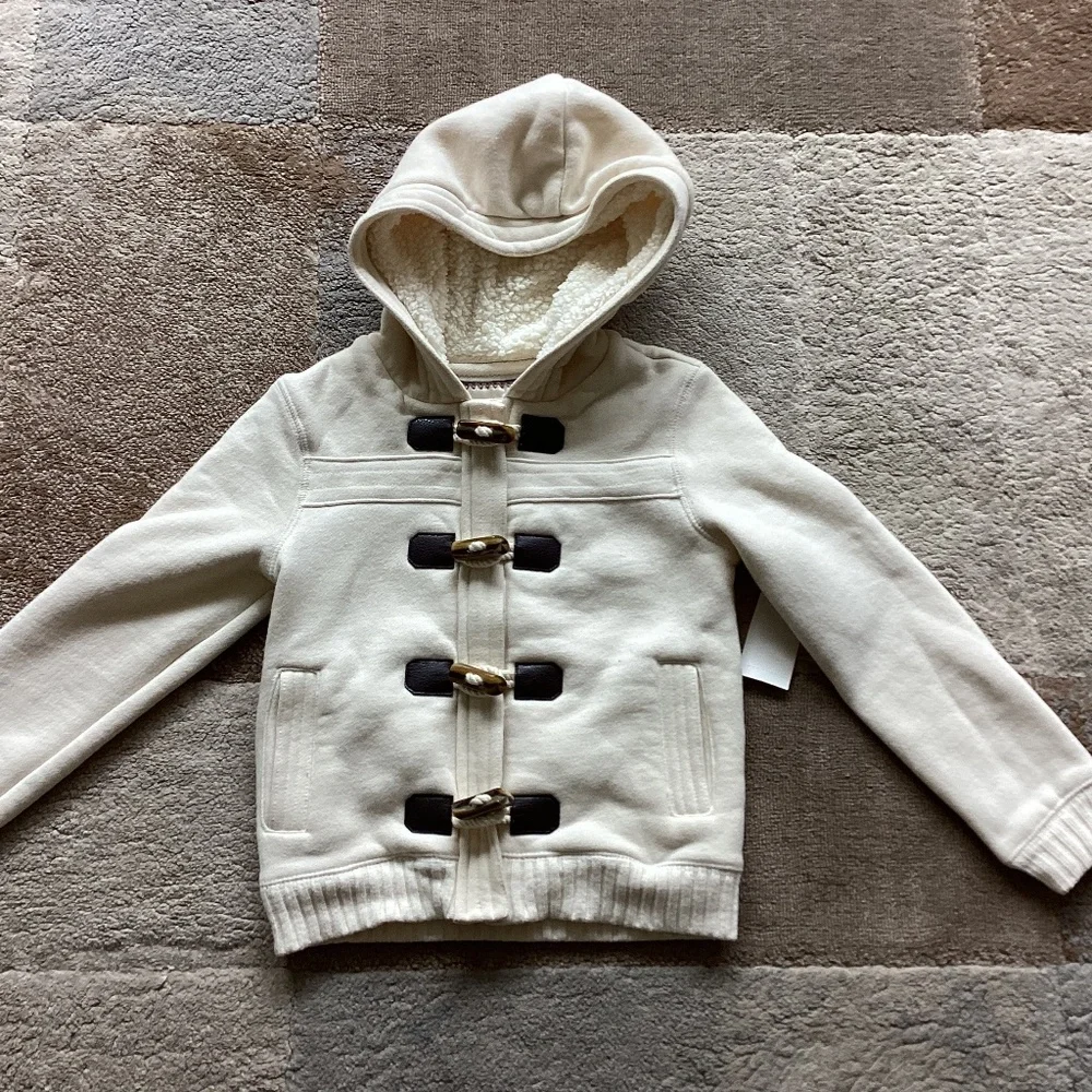 NEW OLD NAVY GIRLS CREAM COLOR FLEECE ZIPPED JACKET W SHERPA HOODY XS
